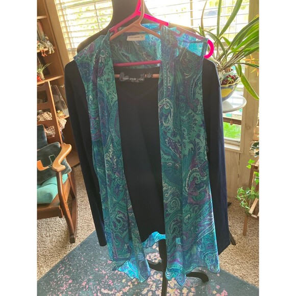 3 Piece Susan Graver Set V-Neck Slinky Tee Size L Flowing Duster & Beads BLUE - Picture 3 of 7